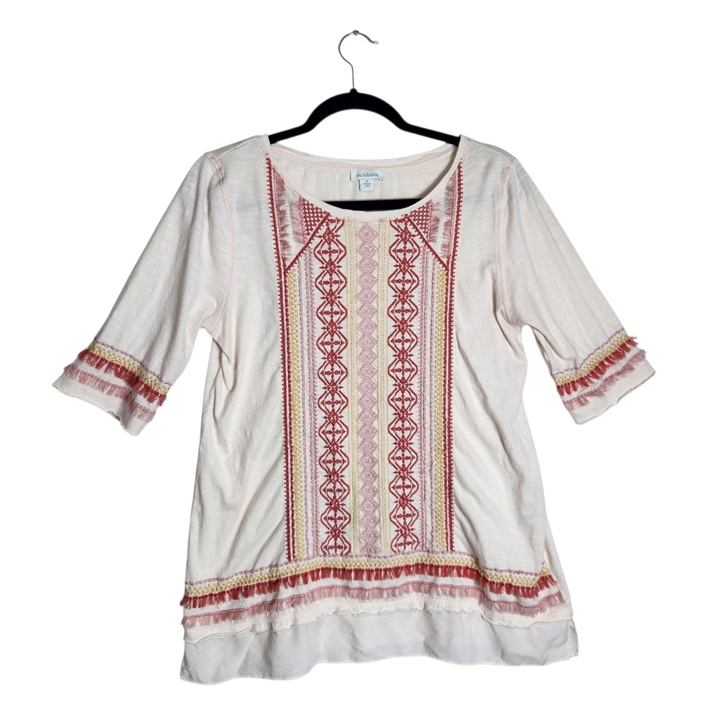 Sundance Embroidered Boho Fringe Trim Top 3/4 Sleeve Pink Cream Small